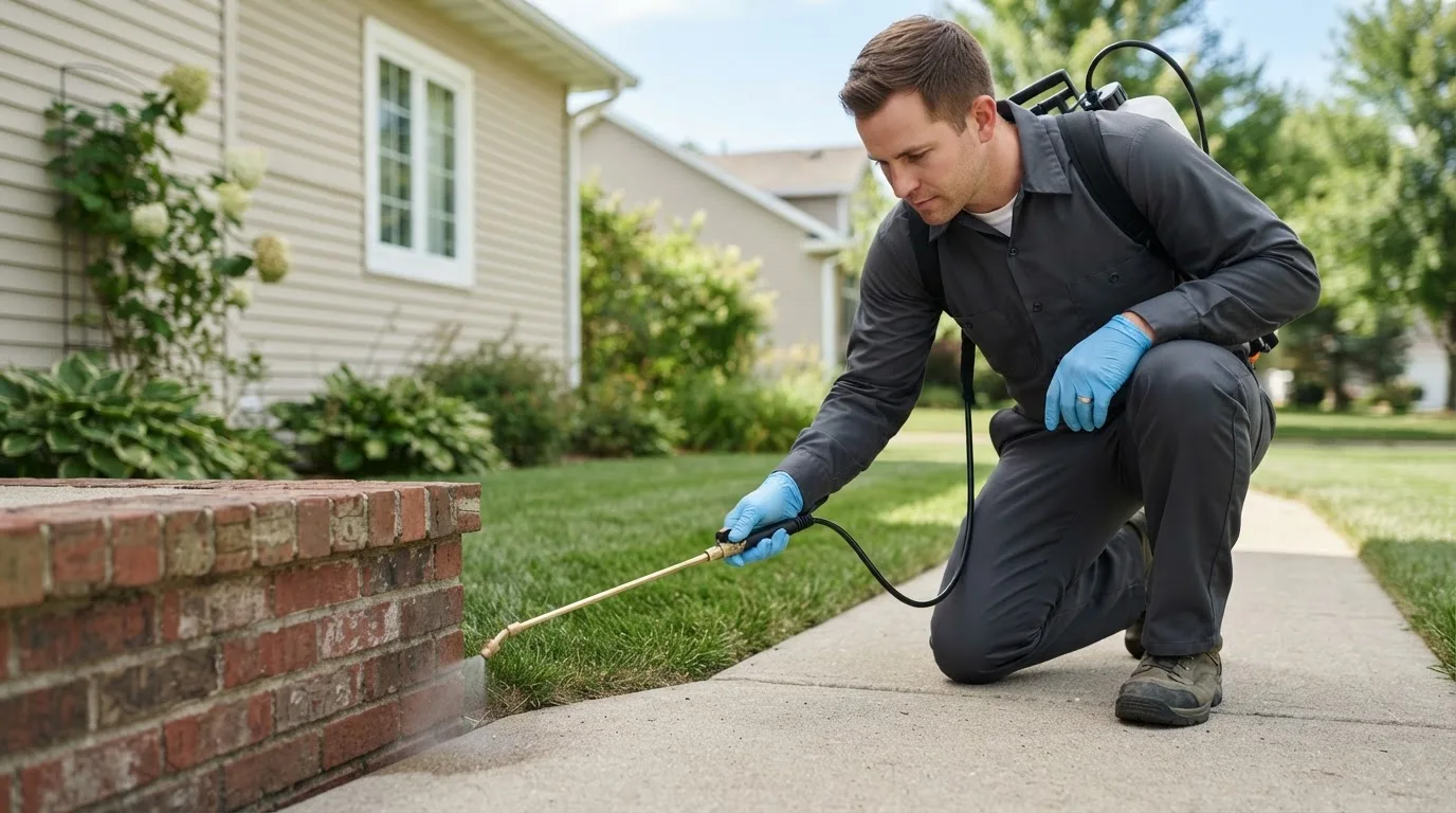 Pest control technician treating a home near Kellogg, MN