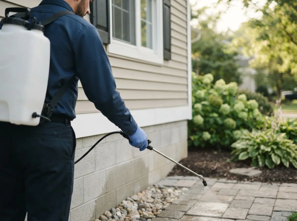 Pest control technician inspecting a home in Kellogg, MN